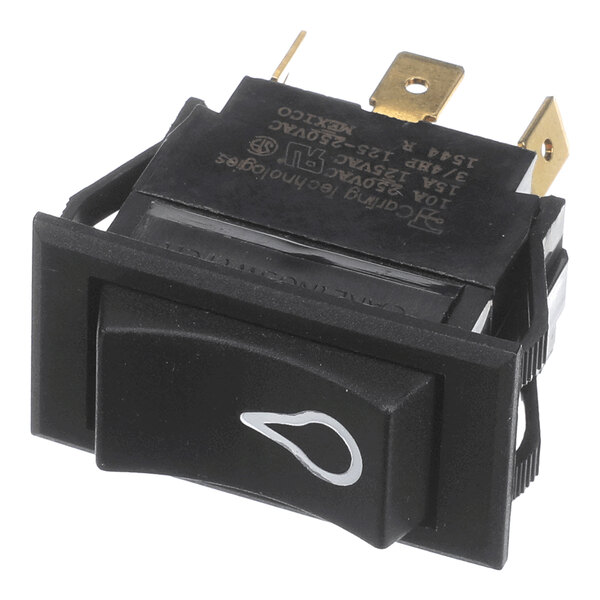 A black rectangular hot water switch with a white water droplet symbol and metal prongs for electrical connections.