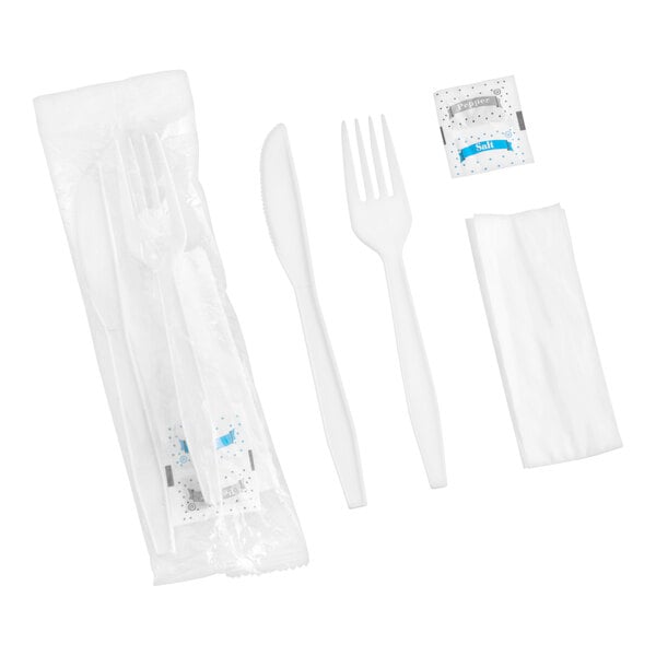 Choice White Heavy Weight Polypropylene Plastic Fork and Knife Cutlery Pack with Napkin and Salt and Pepper Packets - 500/Case