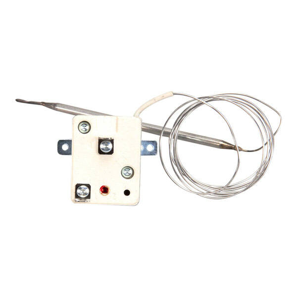 A mechanical thermostat with a temperature range of 85-180 degrees, featuring a metal probe and coiled sensor wire.