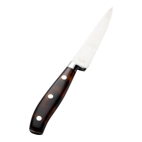 A stainless steel steak knife with an amber acrylic handle and three rivets.