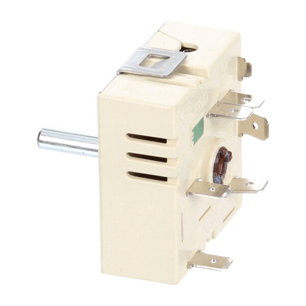 A beige rotary infinite control switch with a metal shaft and multiple electrical terminals, used for controlling electrical appliances.