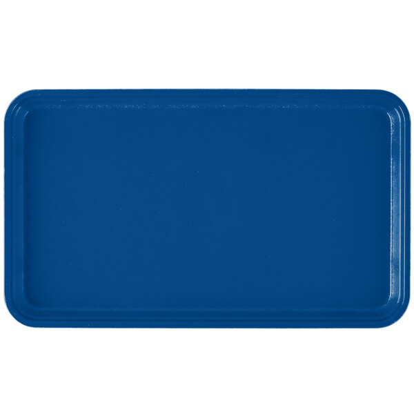 A blue rectangular Cambro cafeteria tray with a white border.