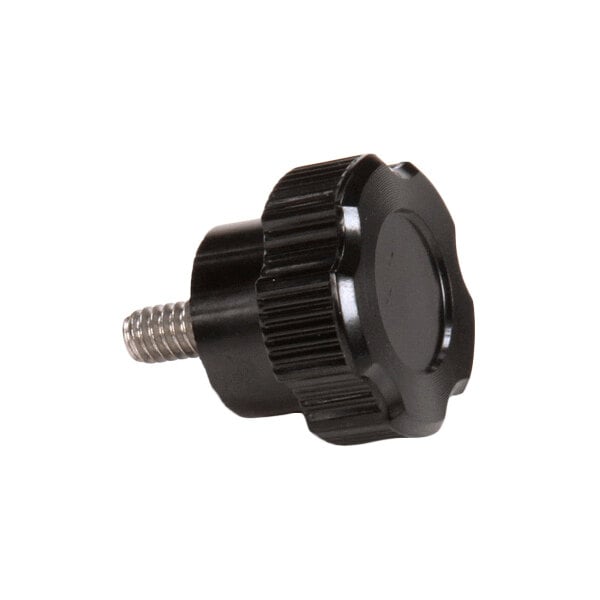 A black plastic knob with a threaded metal stud, commonly used as a tightening or adjustment handle.