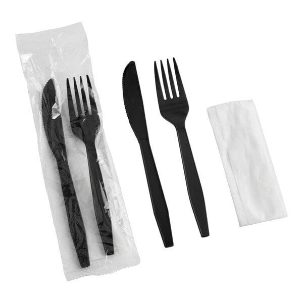 Choice Black Heavy Weight Polypropylene Plastic Fork and Knife Cutlery Pack with Napkin - 500/Case