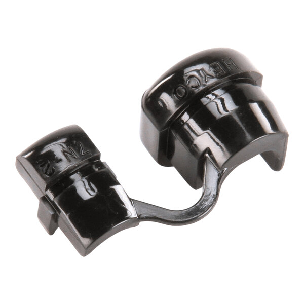 A black plastic strain relief bushing for securing and protecting wires or cables.