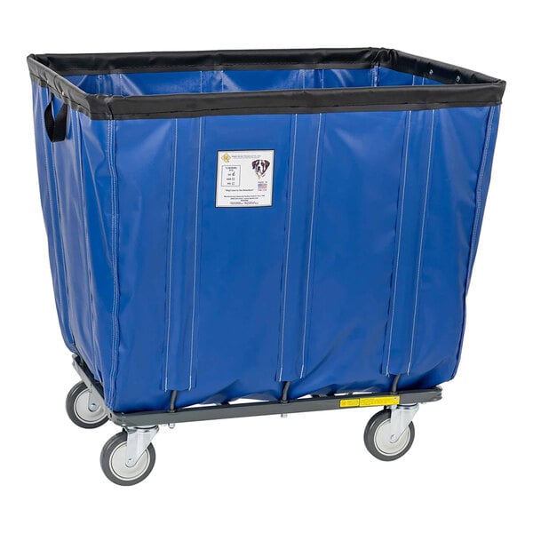 A large blue vinyl basket truck with swivel casters and a rectangular frame.
