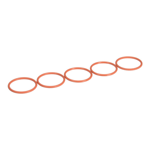 A set of five orange rubber O-rings arranged in a row.