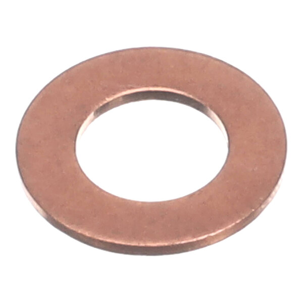 A flat, circular copper washer with a central hole, commonly used for sealing or spacing in mechanical assemblies.