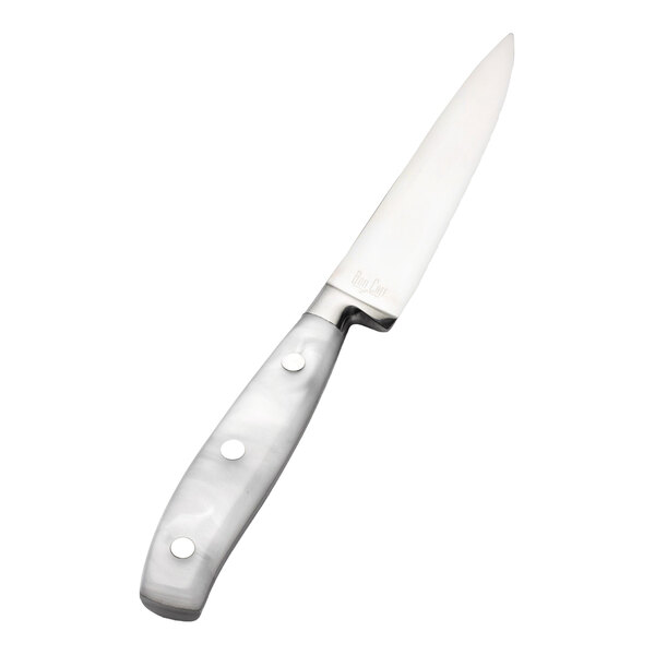 A stainless steel steak knife with a white acrylic handle.