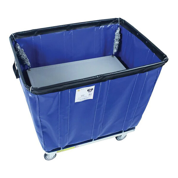 A blue spring platform lift cart with a rectangular shape and four wheels, designed for use with specific R&B Wire Products models.