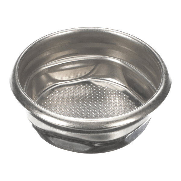 A stainless steel espresso machine filter basket with a perforated bottom.