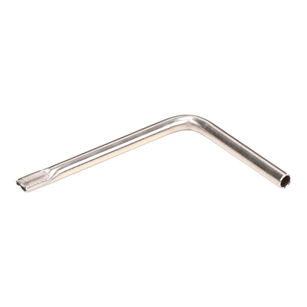 An L-shaped metal pilot burner thermostat component.