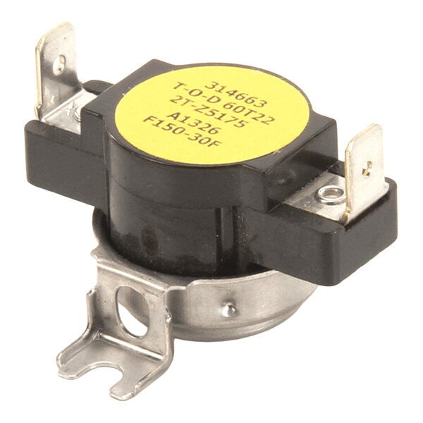 A metal and plastic thermostat component with electrical terminals and a mounting bracket.