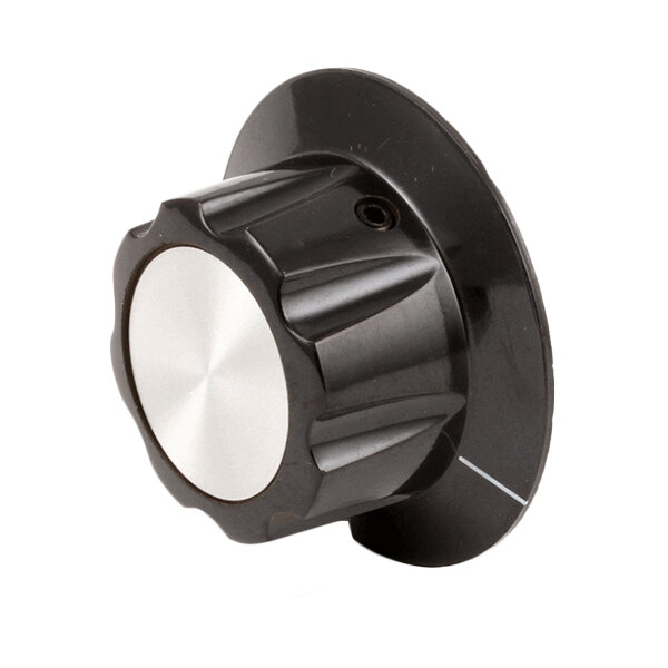 A black and silver control knob, commonly used for appliances or electronic devices.