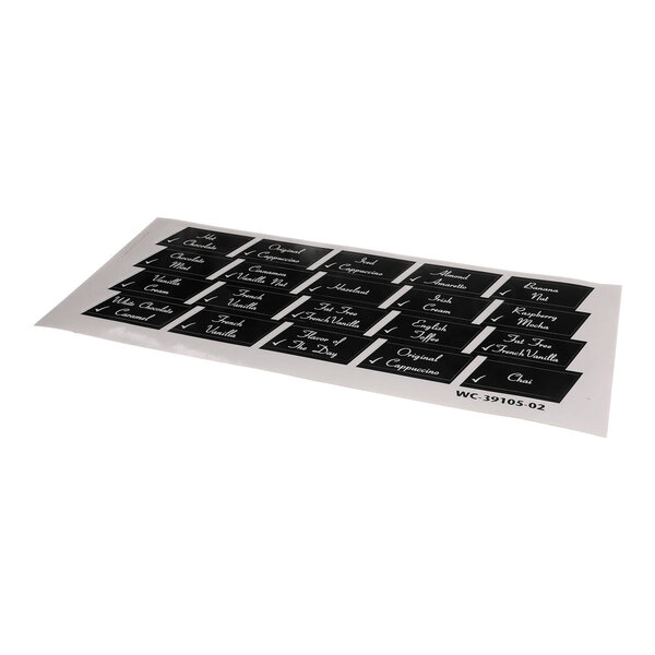 A sheet of black and white flavor labels for beverage dispensers.