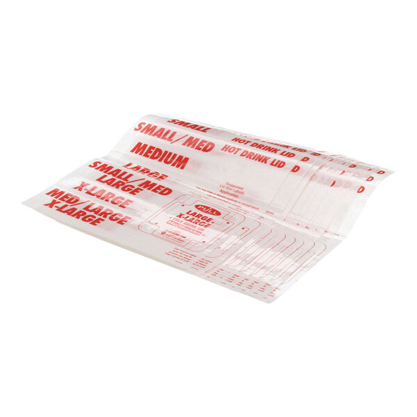 A set of clear plastic labels with red text for identifying cup and lid sizes.