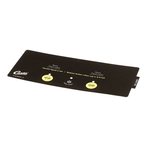 A rectangular Wilbur Curtis control panel label with printed instructions and two yellow push button indicators.