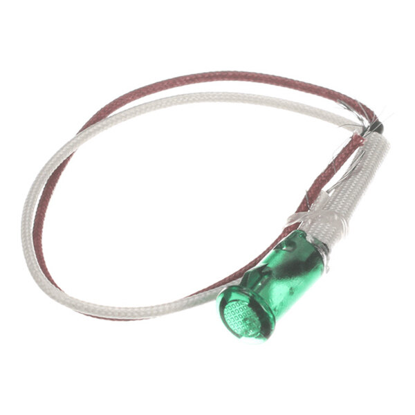 A green indicator light with attached wires, used as a ready light for Waring appliances.