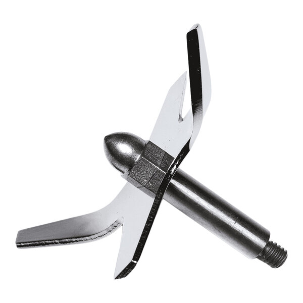 A metal blade assembly for a Waring appliance, featuring two sharp, angled blades and a threaded base.