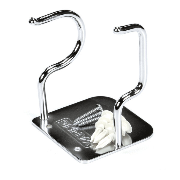A metal wall hanger with two hooks, screws, and wall anchors included.