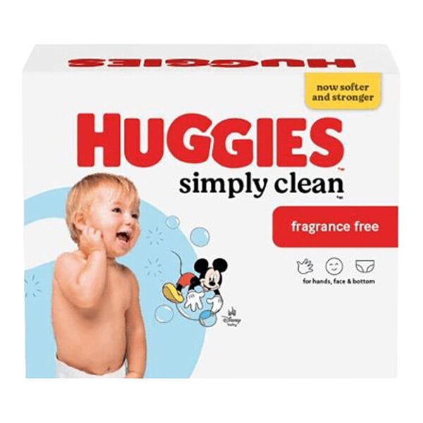 A box of Huggies Simply Clean unscented baby wipes featuring three flip-top packs.