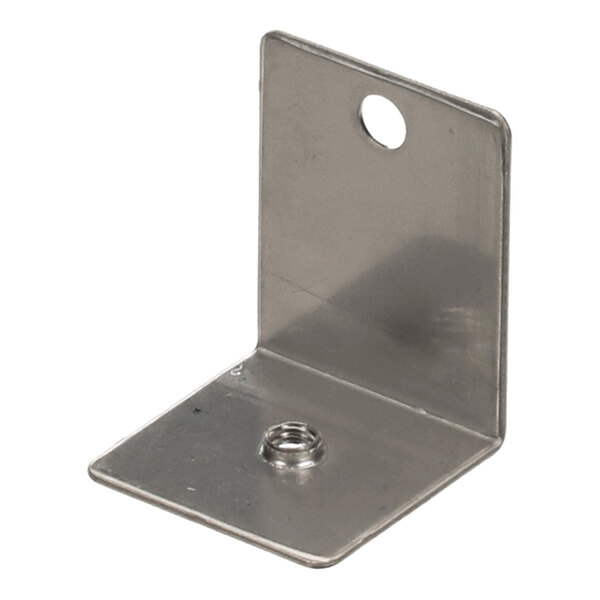 A metal L-shaped bracket with a hole and a threaded insert, used for upper tank support.