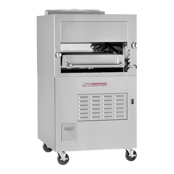A stainless steel, free-standing single deck infrared broiler with wheels, designed for commercial use.
