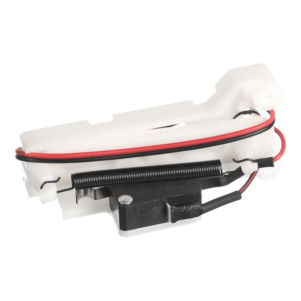 An actuator switch assembly with a white plastic body, black spring, and attached red and black wires.