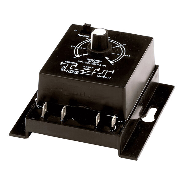 A black Wilbur Curtis timer with a rotary dial for setting time intervals between 0.5 and 60 seconds, designed for 120/240V operation.