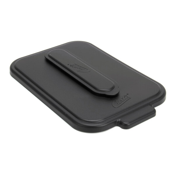 A rectangular black solid or brew-thru lid with a central handle.