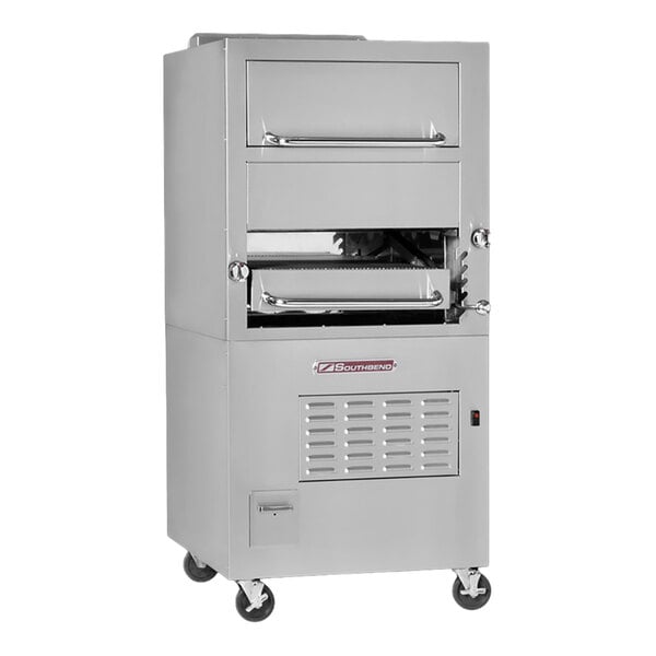 A stainless steel, free-standing infrared broiler with an overhead warming oven and caster wheels.