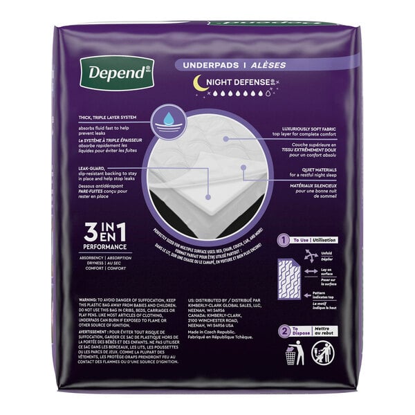 A package of Depend Night Defense unisex disposable underpads with triple-layer protection, large size, containing 24 pads.