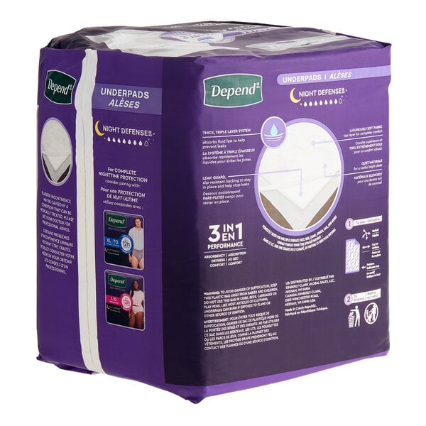 A package of Depend Night Defense unisex disposable underpads with purple and white packaging, featuring product information and diagrams on the sides.