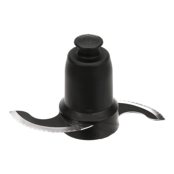 An S-shaped food processor blade attachment with a black plastic center and two curved metal blades.