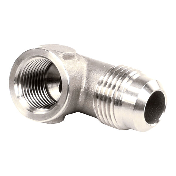 An angled metal pipe fitting with threaded ends, used for connecting pipes or tubes.