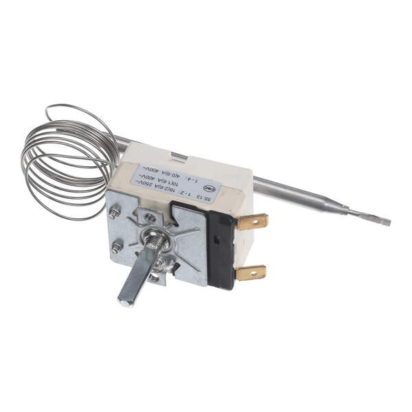 A metal and plastic thermostat component with a coiled sensor wire and electrical connectors.