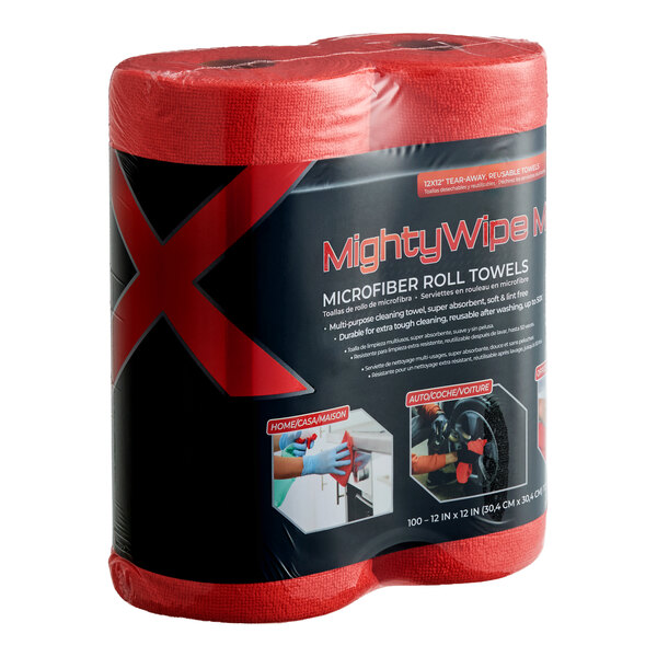 A roll of red disposable microfiber cloth towels labeled MightyWipe Max, containing 50 sheets per roll and sold in a 2-piece pack.