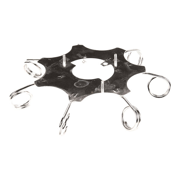 A metal lower fruit classifier component with a circular center and coiled wire extensions, designed for use in a Zummo juicing machine.