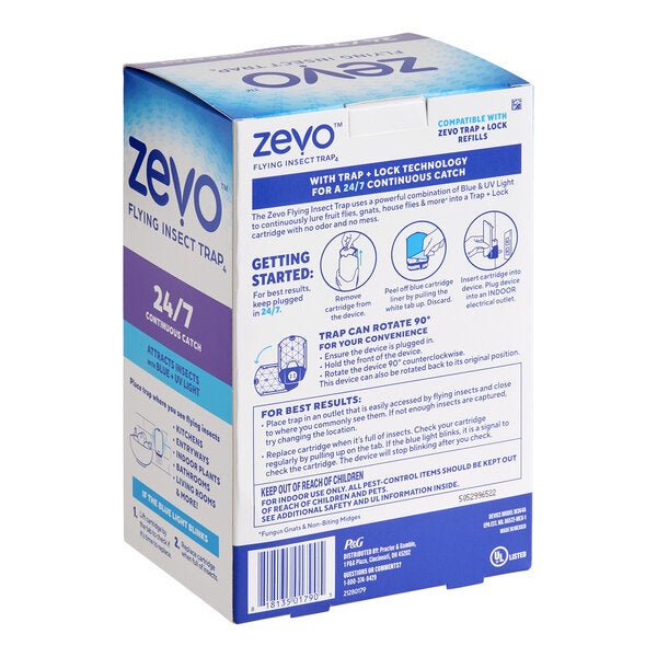 A box of Zevo 2-piece plug-in flying insect light trap starter kit.