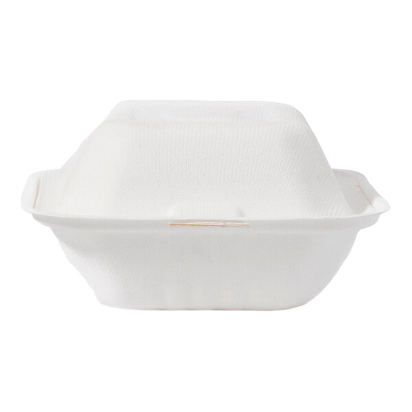 A white compostable sugarcane fiber clamshell take-out container.