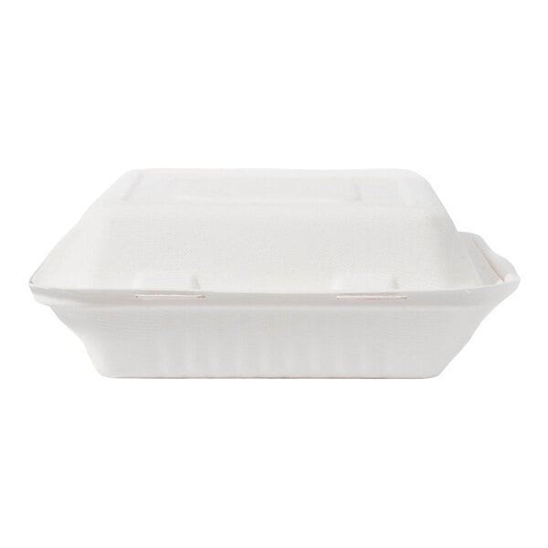 A white, compostable, three-compartment clamshell take-out container made from sugarcane fiber.