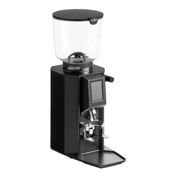 A black on-demand espresso grinder with a large clear hopper and digital display.