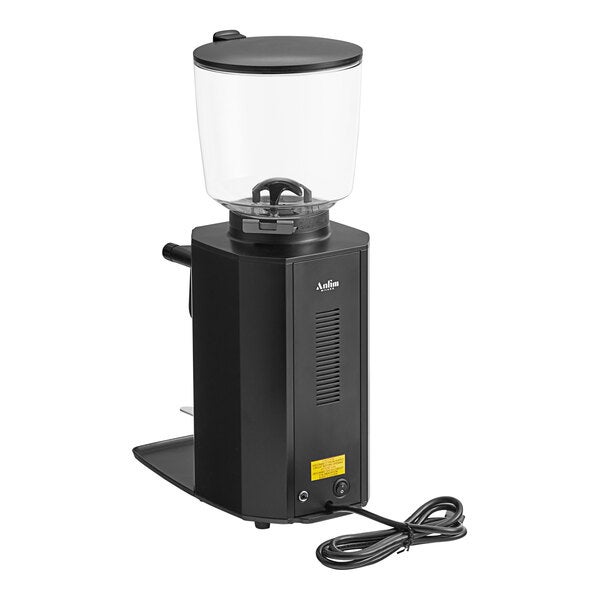 An electric black on-demand espresso grinder with a large clear hopper and power cord.