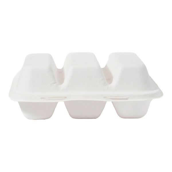 A white compostable clamshell take-out container with three compartments made from sugarcane fiber.