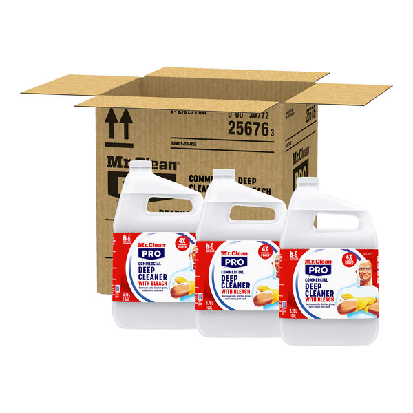 A case containing three 1-gallon bottles of Mr. Clean Professional Commercial Deep Cleaner with Bleach.