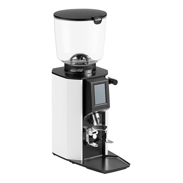 An electric white on-demand espresso grinder with a large transparent bean hopper and digital display.