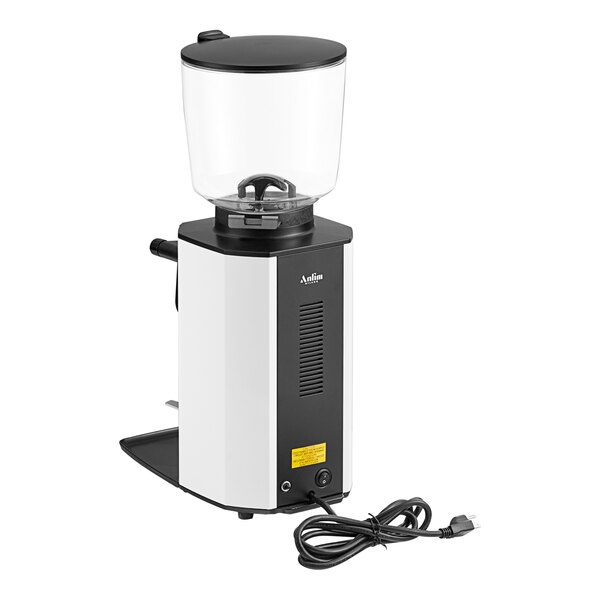 An electric white on-demand espresso grinder with a large clear hopper and power cord.