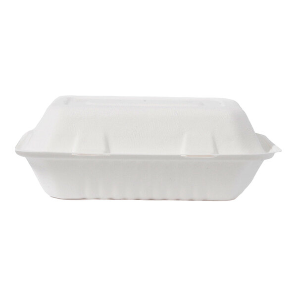 A white compostable sugarcane fiber clamshell take-out container.