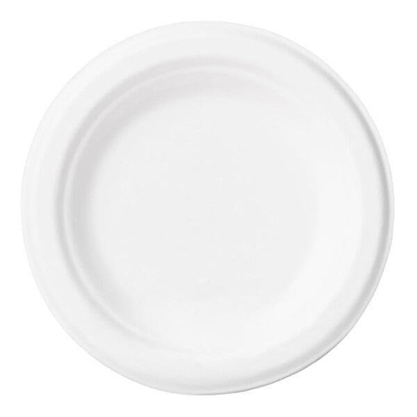 A plain white 6-inch round plate made from sugarcane fiber.
