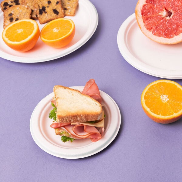 A small round white sugarcane fiber plate holding a sandwich, shown with other plates of fruit and snacks.